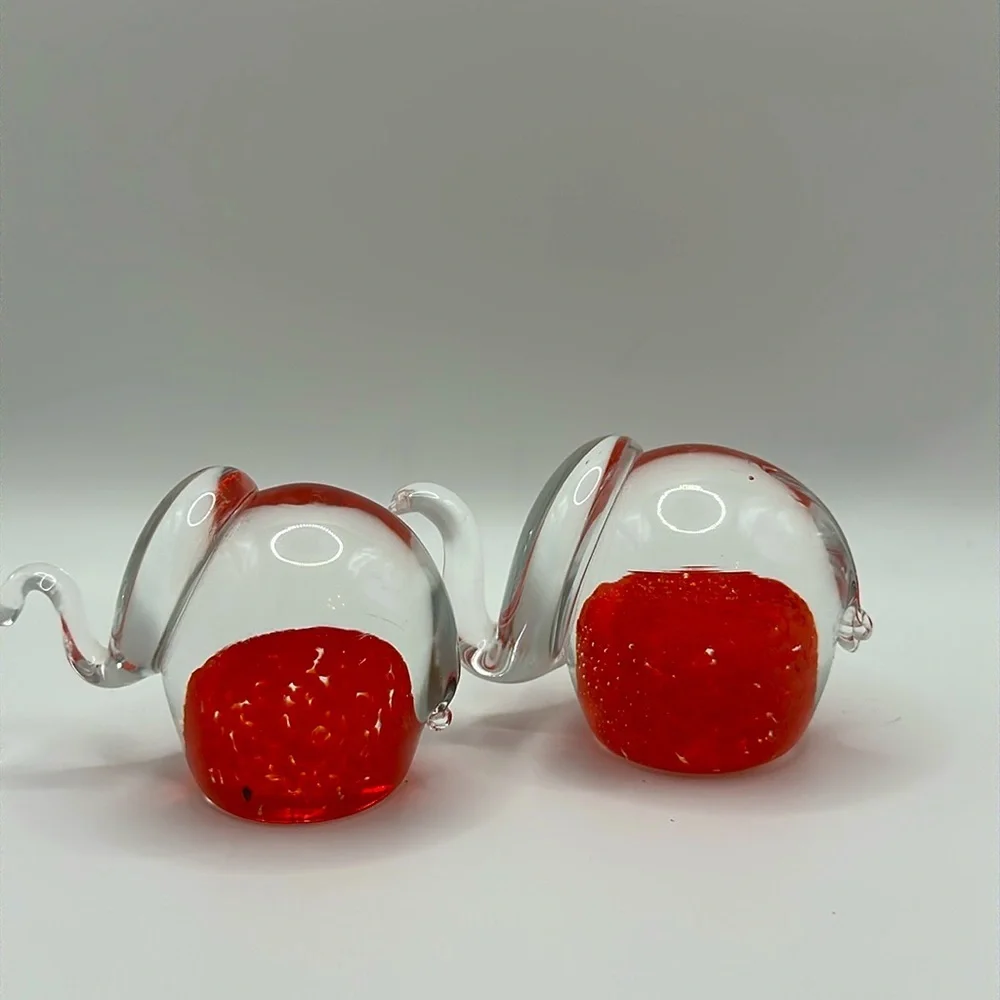 Set of 2 Chech glass figurines happy good luck elephants red.